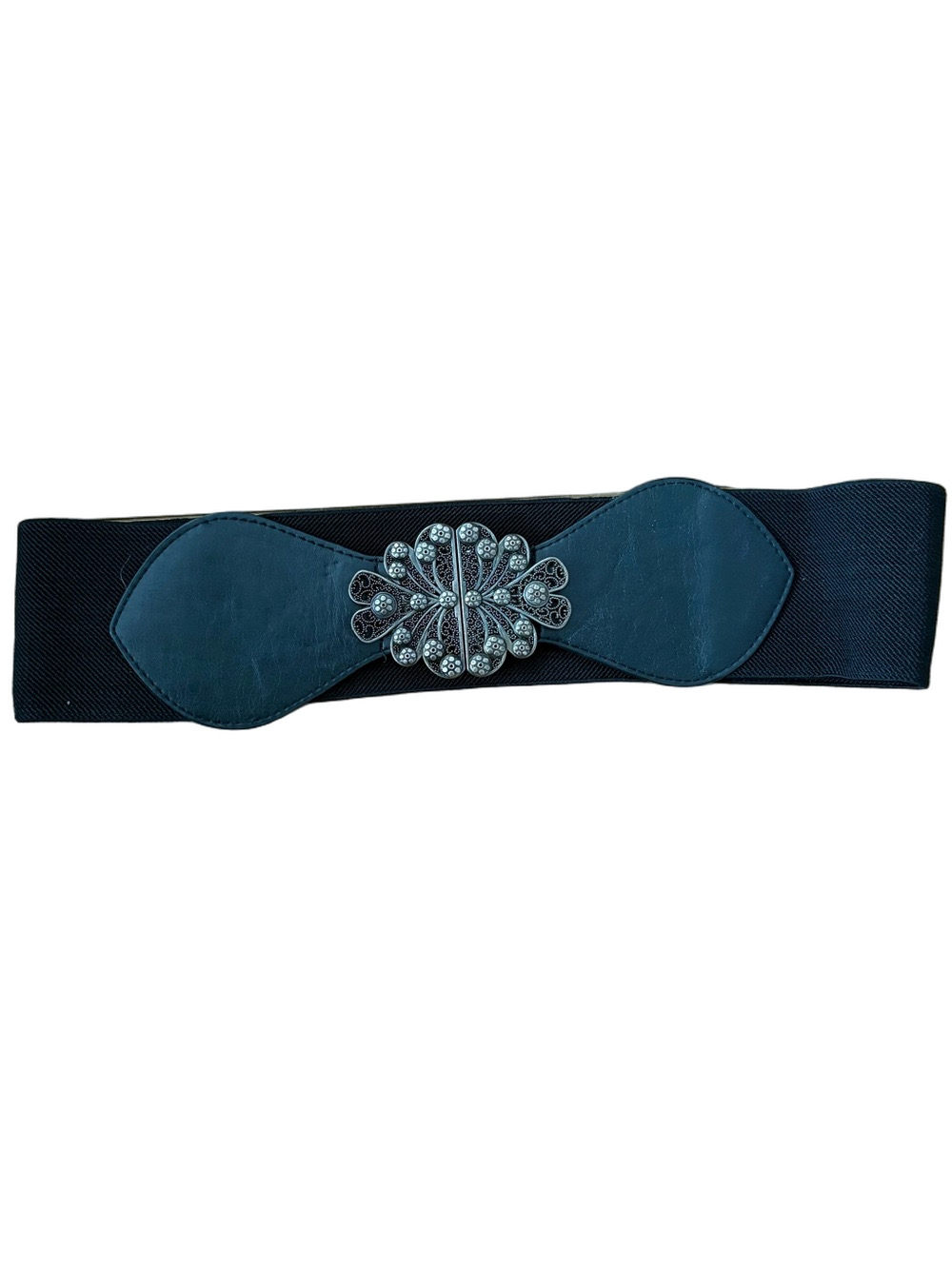 Black Stretch Waist Belt with Decorative Rhinestone Floral Buckle